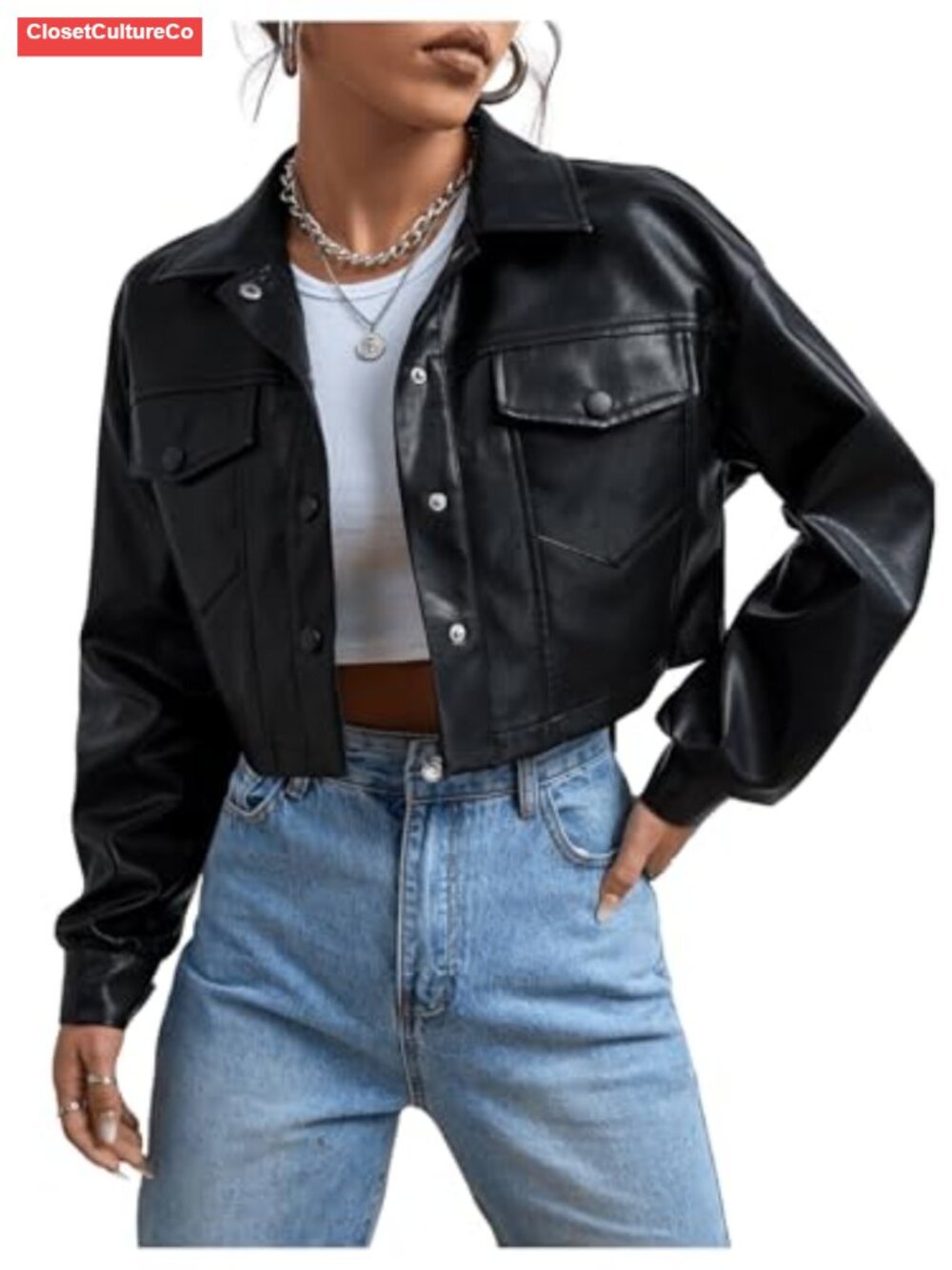 Cropped Faux Leather Moto Biker Jacket Button Down Long Sleeve Y2K Coat